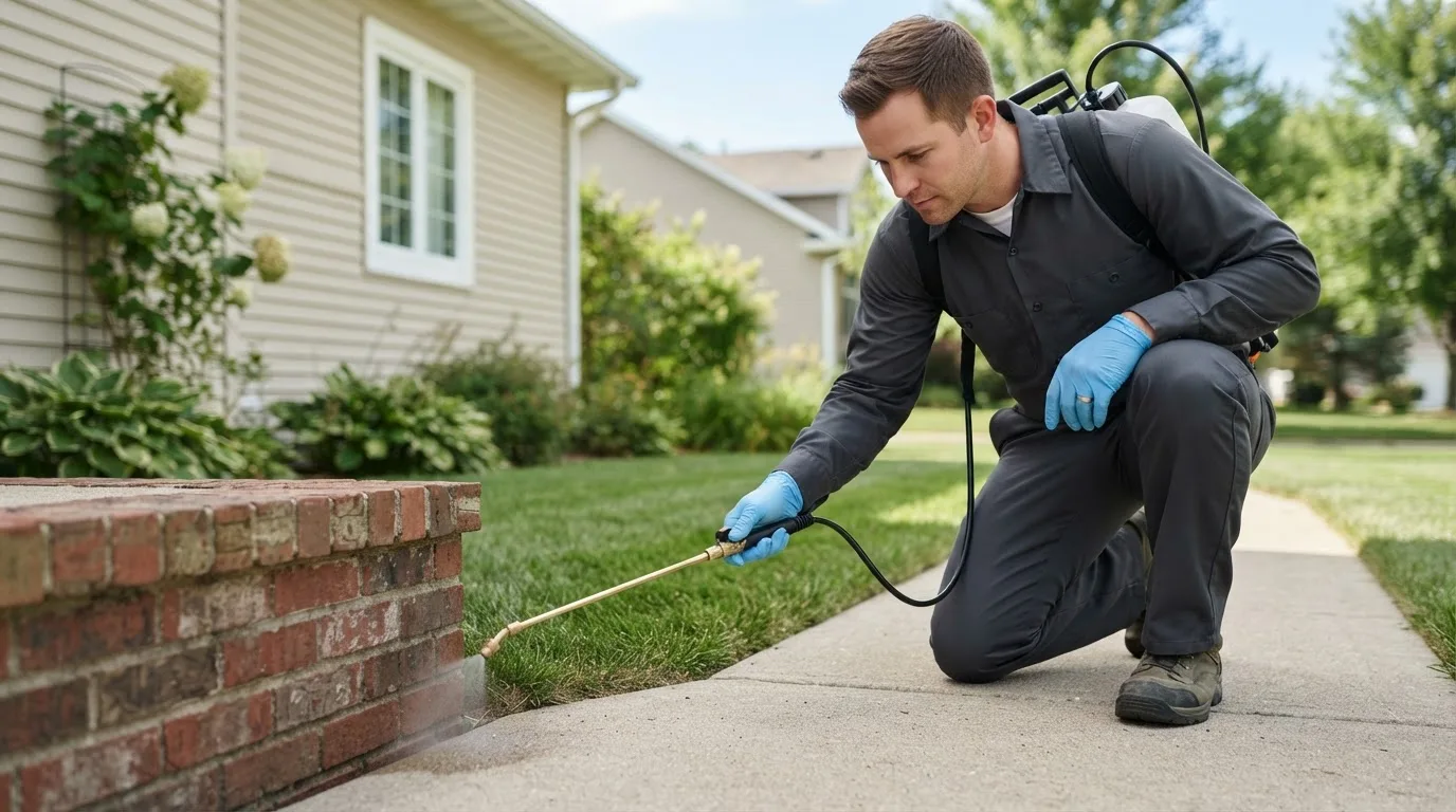 Pest control technician treating a home near Bovina, TX