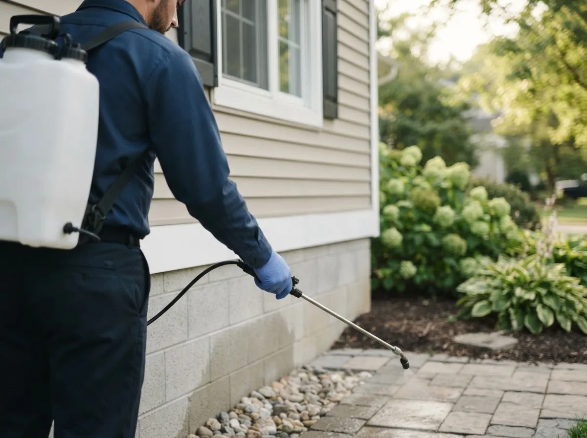 Pest control technician inspecting a home in Bovina, TX